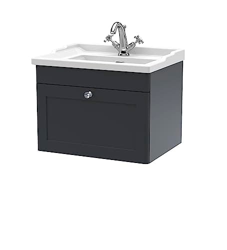 Image of nuie CLC1494F Classique Wall Hung 1 Drawer Vanity Unit & 1 Tap Hole Ceramic Basin, 600mm, Satin Anthracite, Soft Black