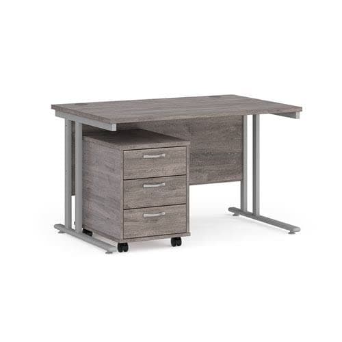 Image of Office Monster Cooper straight desk 1200mm x 800mm with silver cantilever frame and 3 drawer pedestal - grey oak