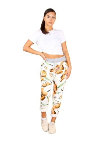 Image of Candid Styles Womens Italian Denim Joggers Sweatpants Plain Floral Star Elasticated Waist Gym Running Yoga Pants Jogging Turn Up Trousers (Hibiscus Mustard, 20-22)