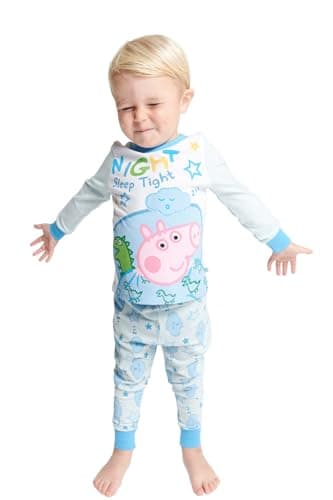Image of Peppa Pig Boys Pyjamas | George Pig Boys PJs - Official Pyjama Set with Dinosaur Print, Cotton, Long Sleeve Top and Cuffed Trousers - Ages 1-5 Years, Soft Breathable Toddler Nightwear Blue