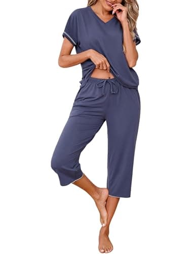 Image of Uniexcosm Women's Pyjama Sets, Ladies Capri Pyjama Set Short Sleeve Top + Cropped Pants Comfy Pjs with Pockets Adjustable Drawstring Nightwear Sleepwear Loungewear for All Seasons Navy Blue