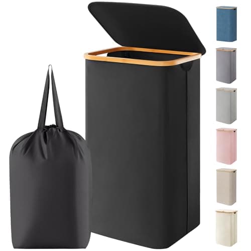 Image of Lifewit 100L Laundry Basket with Lid, Dirty Clothes Bin with Bamboo Handles and A Removable Bag, Large Foldable Washing Basket for Bedroom, Bathroom, Dorm, Laundry Room, Black