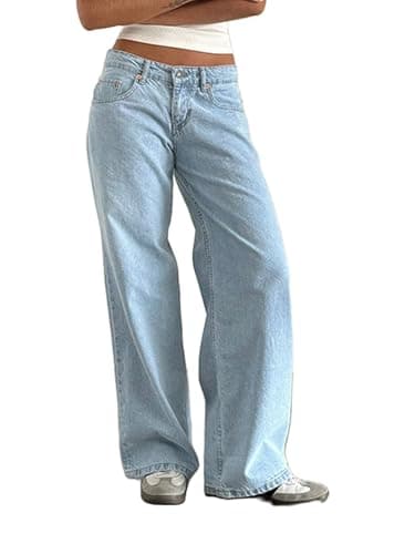 Image of Fiacafyo Womens Y2K Low Rise Baggy Jeans Straight Wide Leg Boyfriend Trousers Casual Loose Fit Denim Pants Streetwear (D-Light Blue, XS)