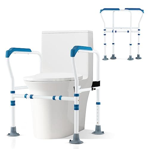 Image of COSTWAY Foldable Toilet Safety Frame, Height & Width Adjustable Toilet Handrail Support Aids with Fixed Strap, Non-Slip Bathroom Toilet Frame Safety Rails Stand for Eldery Handicap Disabled (Blue)