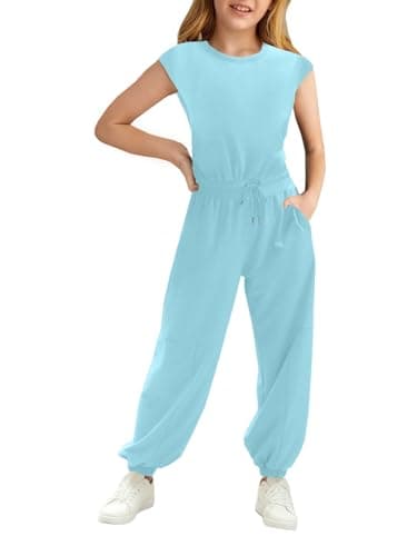 Image of Haloumoning Girl Jumpsuits Kids Fashion Long Pants Girl Summer Short Sleeve Overall Casual Sport Jumpsuit, Blue, 8-10 Years