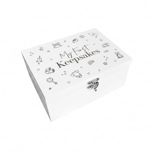 Image of The Lovely Keepsake Company My First Keepsakes Engraved Baby Memory Box | White Wooden Storage | Gender Neutral Gift for New Parents, Baby Shower & Newborn | 27cm x 19cm x 14cm
