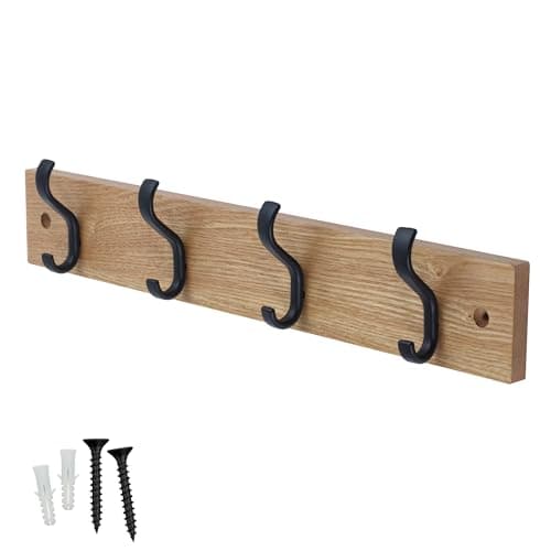 Image of keypak Minimalistic Wall-Mounted Coat Rack – 4 Hooks on Stylish Modern Wooden Base for Wall & Door – 38cm – All Fixings Included (Matte Black/Ash Effect)