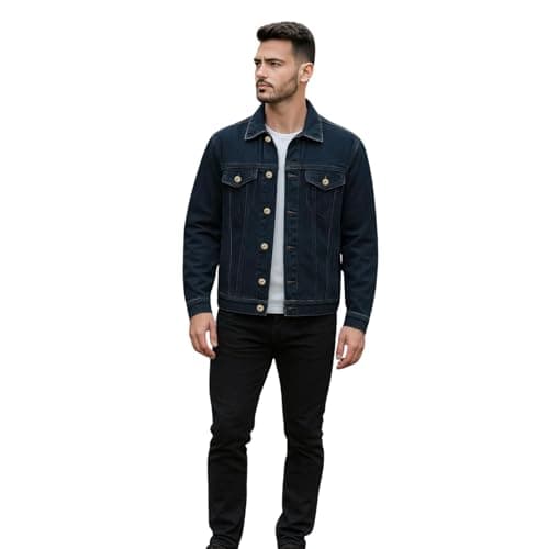 Image of True Face Mens Denim Jacket Long Sleeve Casual Wear Loose Fit Outerwear Lightweight Outdoor Top Dark Wash M