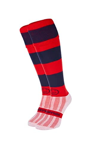 Image of WackySox - Red and Navy Hoop Rugby Socks, Sports Socks for Men and Women, Perfect for Riding, Football, Running, Hockey and More