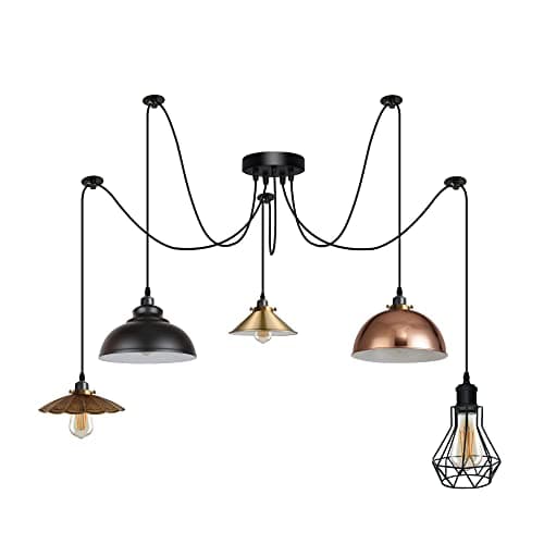 Image of DC VOLTAGE 5 Way Spider Pendant Light Industrial Metal Lampshade E27 Lamp Holder with 195cm Height Adjustable Ceiling Hanging Lighting Fixture for Restaurant Cafe Bar