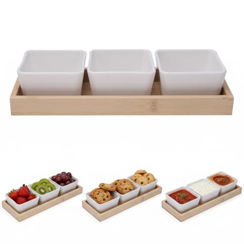Image of Punorric Snack Bowls & Wooden Serving Tray Set - Ceramic Tapas Dishes with Dipping Bowls, Party Serving Trays and Platters, Food Serving Trays for Home Dining Baking Catering Gift