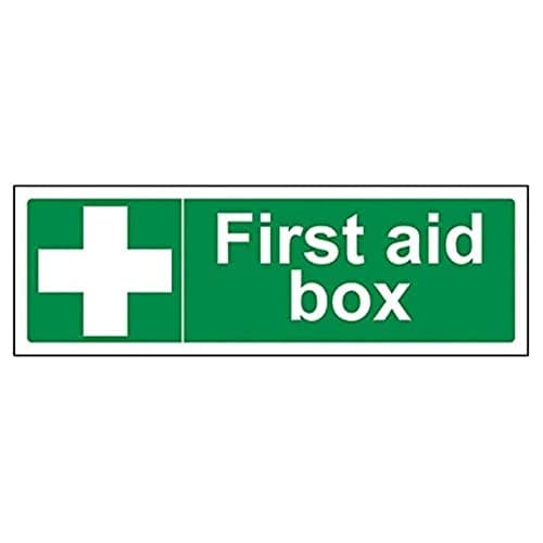 Image of V Safety First Aid Box Sign - 300mm x 100mm - Self Adhesive Vinyl