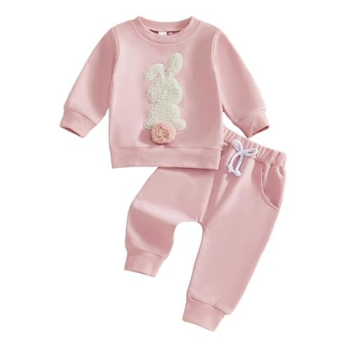 Image of Yigubigu Toddler Baby Girl Boys Outfits Bunny Embroidery Long Sleeve Pullover Sweatshirts with Drawstring Sweatpants Clothes Sets (Pink, 3-6 Months)