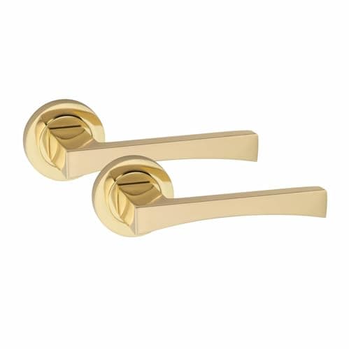 Image of Golden Grace Wave Design Door Handles Latch on Round Rose in Electro Brass Finish, 1 Set - 52mm Diameter