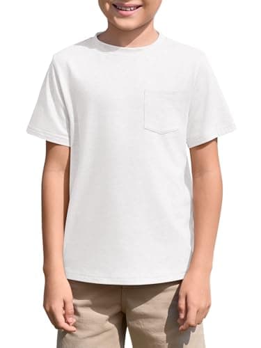 Image of Haloumoning Boys' T-Shirt Short Sleeve Crew Neck Tops Kids Summer Plain Lightweight Top Regular Fit Sports T-Shirts Casual Basic Tees with Chest Pocket 5-14 Years, White, 5-6 Years