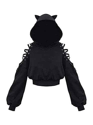Image of Loalirando Women's Cute Cat Ear Crop Top Oversized Hoodie Off Shoulder Hollow Out Long Sleeve Black Punk Gothic Sweatshirts (Black, Medium)