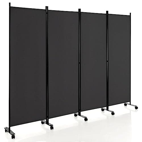 Image of COSTWAY 3/4-Panel Folding Room Divider, Rolling Wall Privacy Screen Protector with Wheels, Freestanding Paravent Partition Separator for Bedroom, Living Room and Office (Grey, 4 Panel-224x172cm)