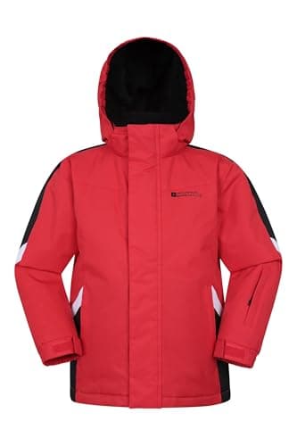 Image of Mountain Warehouse Raptor Kids Ski Jacket - Snowproof, Fleece Lined Snow Coat with Hood - Boys and Girls Winter Warm Skiing, Snowboarding & Outdoors Red Kids Size 3-4 Years