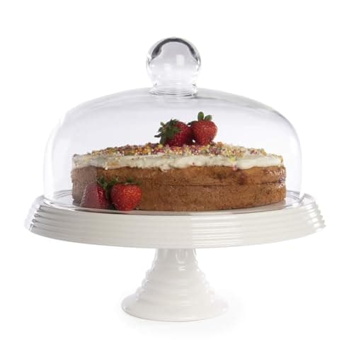 Image of MAGNA RETAIL Ceramic Cake Stand with Glass Dome Lid | Cake Board Platter for Parties, Weddings, Christmas | Elegant Dessert Stand with Glass Cloche Table or Countertop | Afternoon Tea
