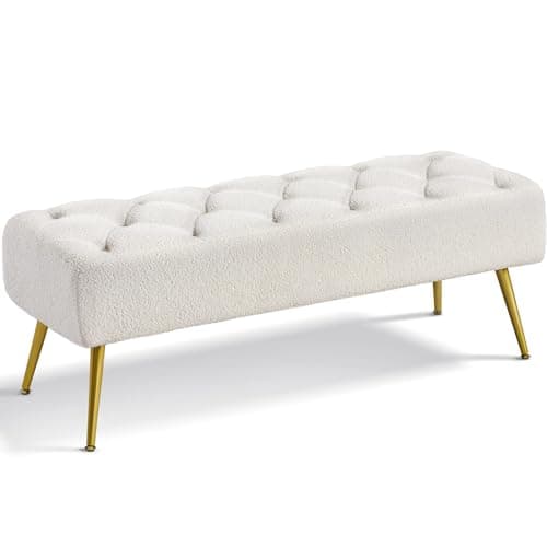 Image of Yaheetech Modern Ottoman Footstool Bench Upholstered Button-Tufted Footrest Stool with Gold Metal Legs for Living Room, Bedroom, Entryway, Window, Ivory