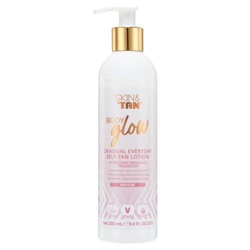 Image of Skinny Tan Body Glow Gradual Tan Lotion - Lightweight, Fast-Absorbing Formula - Coconut and Vanilla Scent - Enriched with Aloe Vera and Guarana - Natural, Streak Free Gold Colour - Medium - 9.4 oz