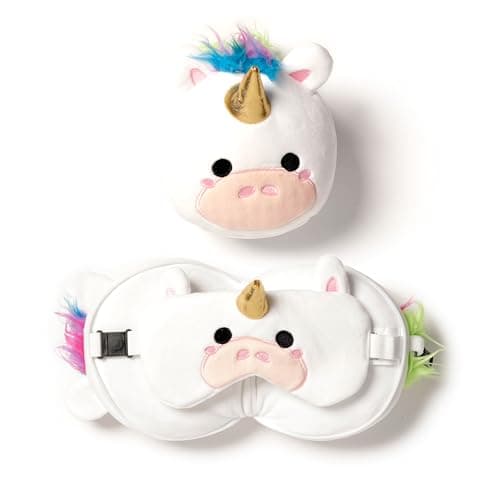Image of Puckator Relaxeazzz Unicorn Round Plush Travel Pillow & Eye Mask - Sleep Eye Mask Masks - Kids Travel Accessories For Sleeping Airplane - Flight Plane Neck Pillow Pillows
