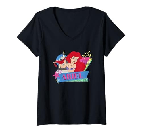 Image of Womens Disney The Little Mermaid Retro Couples Matching His Ariel V-Neck T-Shirt