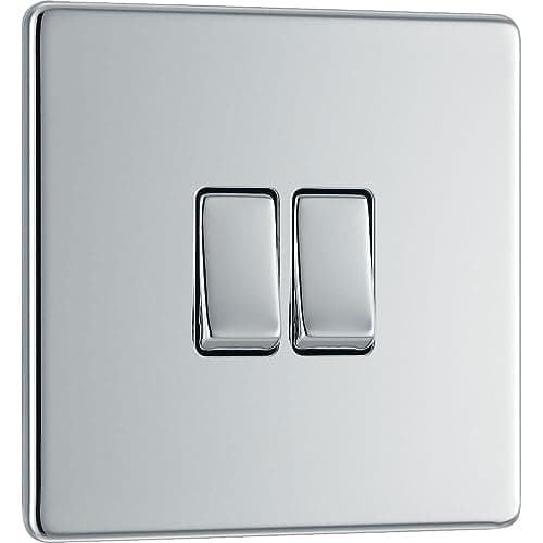 Image of BG Electrical Double Wall Light Switch, 2 Way, Screwless Front Plate, Slim Profile, Premium Flatplate, Polished Chrome, 20A, 16AX, FPC42