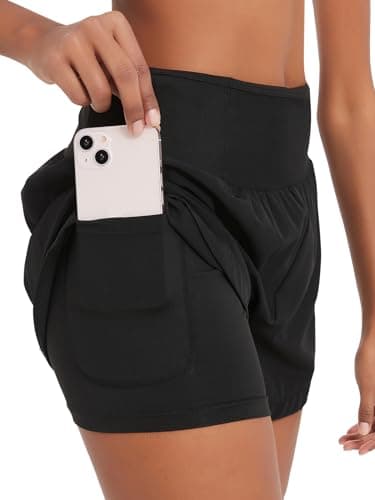 Image of Monbessi Running Shorts Womens 2 in 1 Sports Shorts with Zipper Pocket Swim Shorts Ladies for Workout Training Yoga Jogging(M, Black)