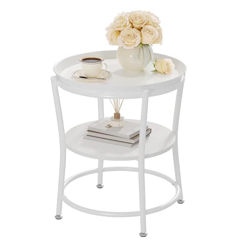 Image of YITAHOME Round Side Table with Two-Tier Storage & Removable Tray, End Table for Living Room, Bedroom, or Apartment, Sturdy Coffee Table, Adjustable Feet, White