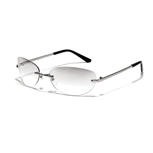Image of OSAGAMA Retro Oval Sunglasses with Rimless Lens Metal Frame Glasses for Women Men Outdoor Activities, Clear silver, Medium