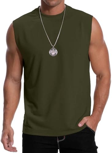 Image of MLANM Men's Sleeveless Round Neck Rolled Up Casual Tank Tops, Sleeveless Tshirt Men, Summer Fitness Tank Top, Under Armour Vests Men Army Green L