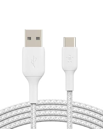Image of Belkin BoostCharge Braided USB C charger cable, USB-C to USB-A cable, USB type C charging cable for iPhone 16, 15, Samsung Galaxy S24, S23, Pixel, iPad, MacBook, Nintendo Switch and more - 1m, White
