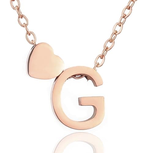 Image of RWQIAN Initial Letter G Necklace for Women with Tiny Heart Pendant Rose gold Stainless Steel Initials Chain Necklace A-Z Capital Jewellery Gifts for Teenage Girls 50cm