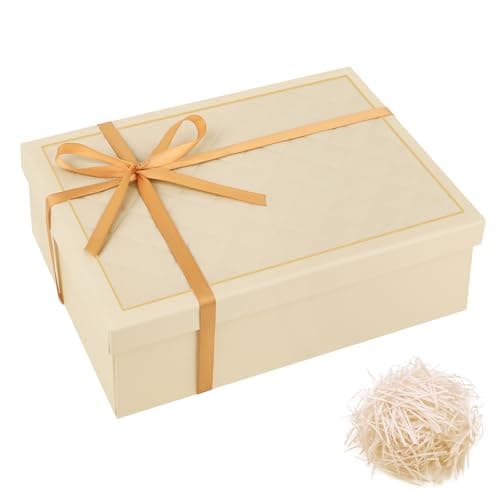 Image of Gift Box, Beige Gift Box with Lid 25x18.5x8.8cm with Lids & Ribbon Gift Boxes, Foldable Present Container with Card for Christmas Valentine's Day Birthdays