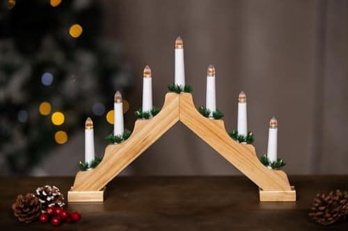 Image of Marco Paul Christmas LED Candle Bridge Wooden Decoration Battery Operated Xmas Light with 7 Warm White LED's Christmas Dining Table Ornament Light Up Window Decor
