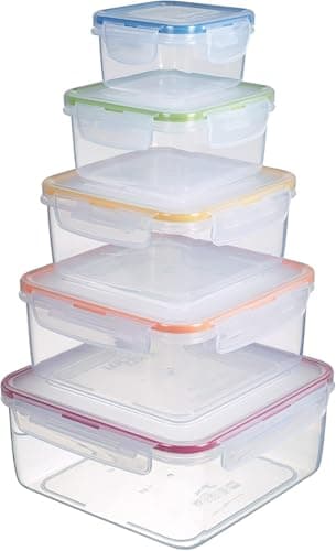 Image of LocknLock Airtight Food Storage Container Set of 5 – BPA Free, Leakproof, Square & Nestable with Rainbow Coloured Seals 2.1L/1.3L/820ml/430ml/180ml
