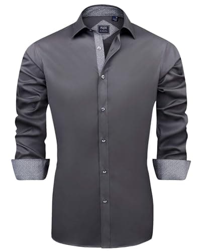 Image of J.VER Mens Formal Shirts Long Sleeve Dress Shirts Business Slim Fit Work Wedding Regular Fit Silk Stretch Non Iron L Grey