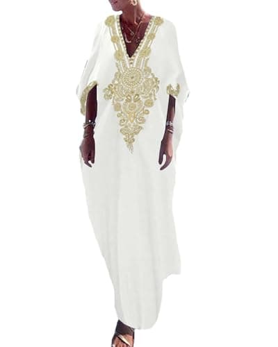 Image of Bsubseach Gold Embroidery Long Kaftan Dresses V Neck Caftan Dress Beach Cover Ups for Women White