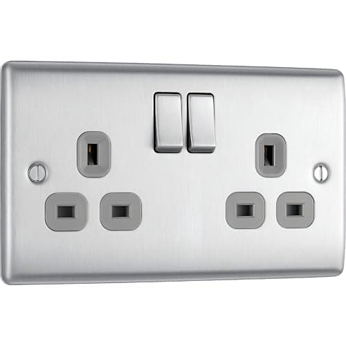 Image of BG Electrical Double Switched Power Plug Wall Socket, Nexus Metal, Brushed Steel, Grey Inserts, 13A, NBS22G