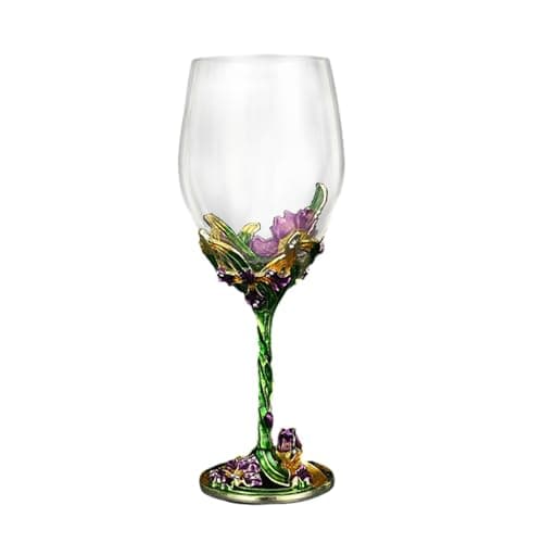 Image of XUDREZ Red/White Wine Glass, Handmade Painted Enamel Flower Gin Wine Glass Long Stem Lead Free Crystal Wine Glasses, Ideal Gifts for Women Mum Friends Mothers Day (Green)