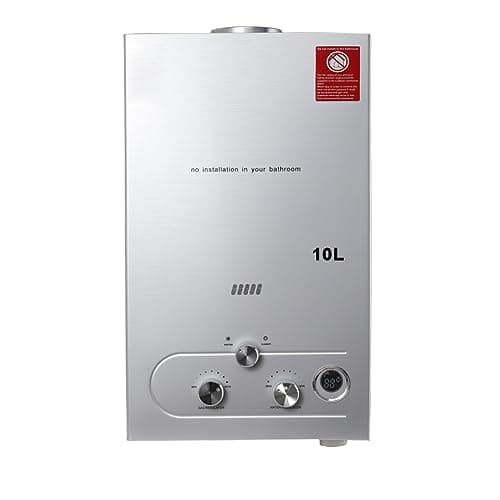 Image of SUDEG Gas Water Heater,10L LPG Hot Water Heater,Instant Hot Water Heater Tankless Boiler,20KW Stainless Steel with Plating Shower Head Kit Wall-Mounted Water Heater Instant Bath Silver
