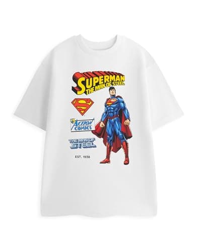 Image of DC Comics Superman Men's White Short Sleeved T-Shirt | Graphic Tee Featuring Superman, Action Comics, EST. 1938 | Classic Comics Top for Everyday Wear Merch - Small