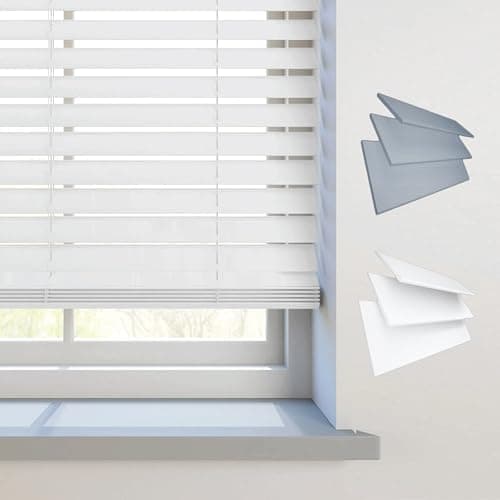 Image of REHAN & CO White Faux Wood Venetian Blinds with Strings - Home Office Window Trimmable Blinds - 50mm Slats, 75cm x 150cm