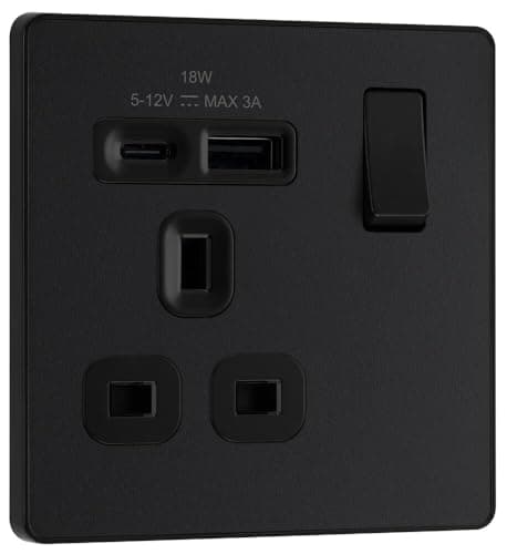 Image of BG Electrical 18W Single Switched Power Plug Wall Socket with Type A USB and Type C USB Charging Ports, Fast Charge, Screwless Front Plate, Evolve, Matt Black, 13A, PCDMB21UAC18B