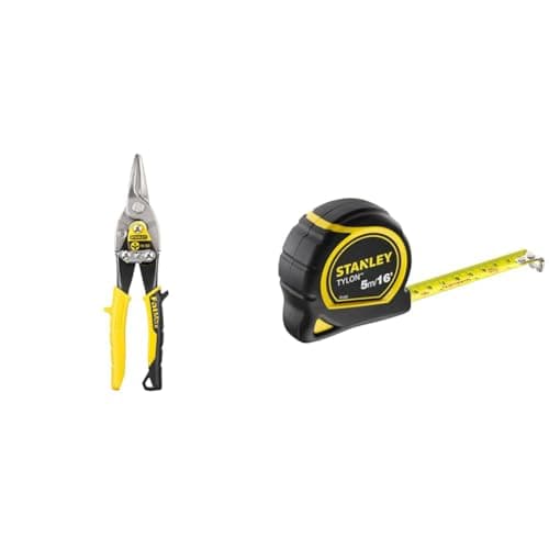 Image of Stanley Aviation Snips – Straight Cut (2-14-563), Black and Yellow & Tylon Tape Measure 5M/16 Inches Compact Case with Cushioned Grip Metric and Imperial System 1-30-696, Yellow