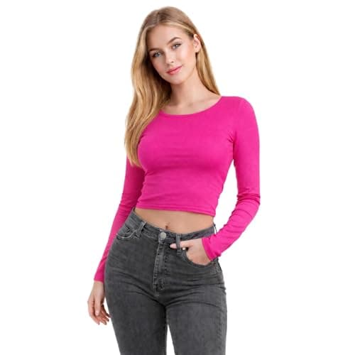 Image of janisramone® Plain Cropped Long Sleeve Tops Women, Stretchy Crew Neck Yoga Gym Tops for Women UK, Chic Slim Fit Casual Ladies T Shirts, Summer Daily Going Out Sports Running Crop Top Shirt Neon Pink