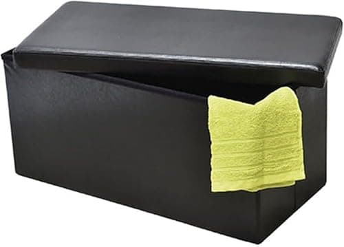 Image of Faux Leather Ottoman Storage Box with Lid, Multi-Purpose Foldable Footstool Rest Seat Storage Stool Toys box Chest Bench Blanket Linen Laundry Box (Black, Large - 76x38cm)