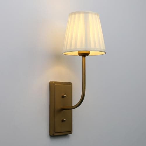 Image of JIMUBEAM Antique Brass 1-Light Wall Light Sconce, Pleated Beige Fabric Shade Wall Lamp, Hardwired Indoor Wall Light for Hallway Bedroom Bedside Nightstand Light