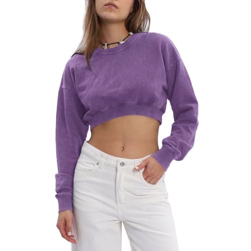 Image of Amazhiyu Womens Cropped Hoodies Pullover, Cotton Long Sleeves Crewneck Acid Wash Hoodies for Casual Wear Purple L